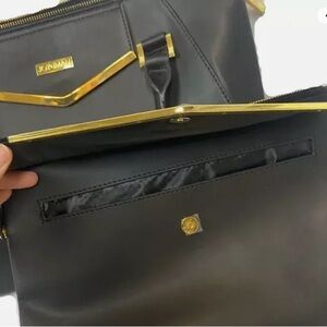 JOY & IMAN Couture Leather Satchel & Clutch with Velvet Detail Gray Two bags!